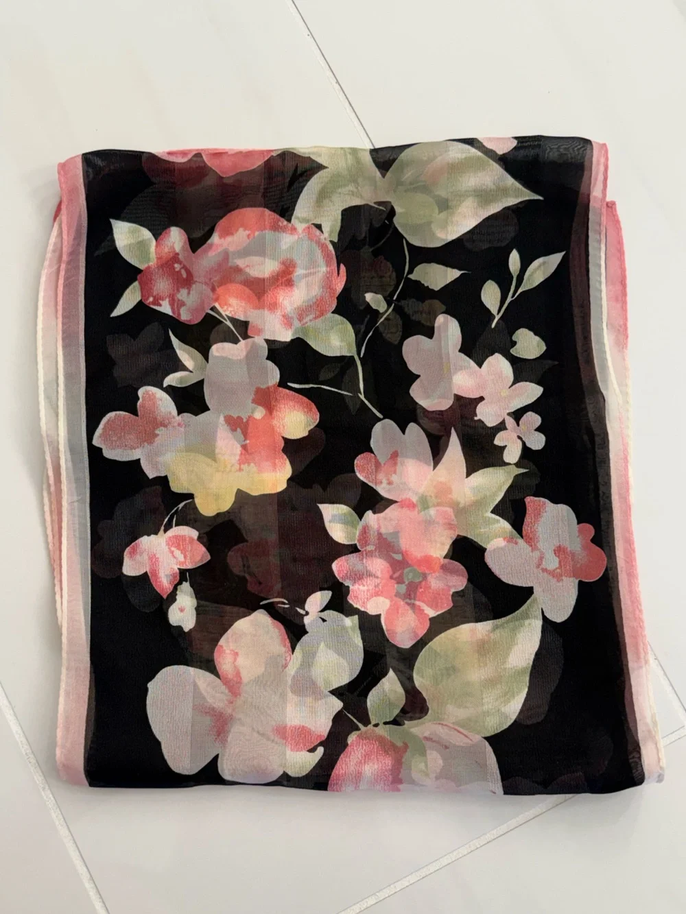 Lauren Ralph Lauren Floral Sheer Silk Scarf with Peach and Green Blooms